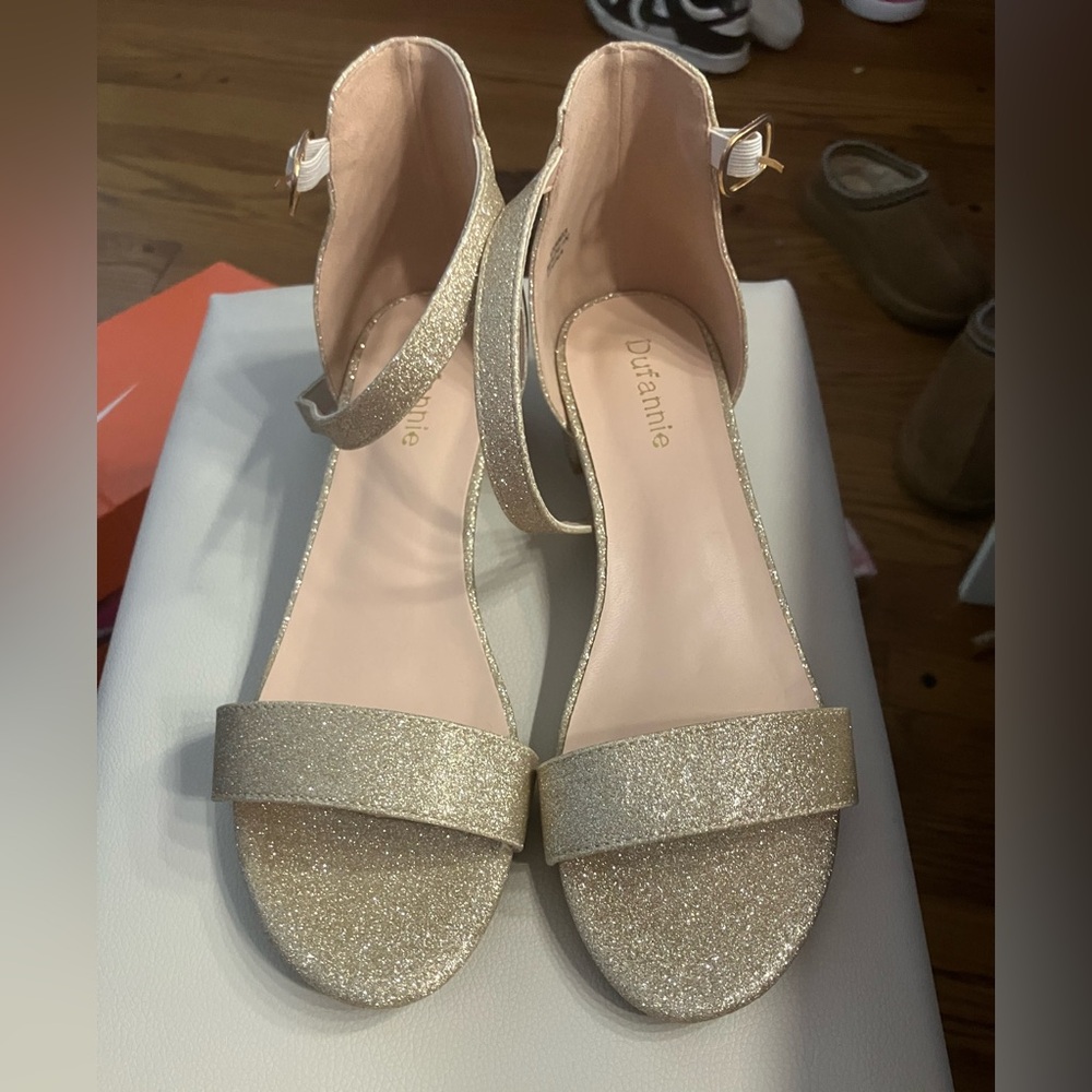 Annie Gold Glitter Dress Shoes with Adjustable Ankle Strap